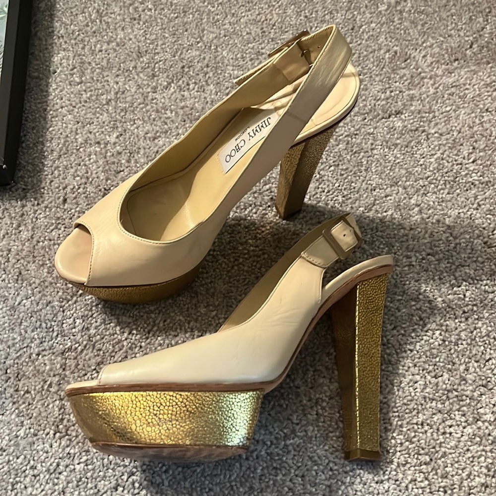 Jimmy school platforms gold heels